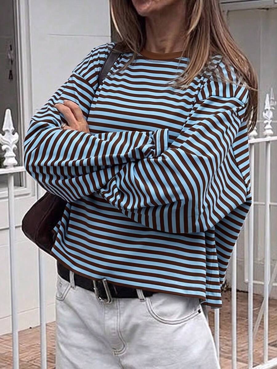 SDNGED Women's Casual Top, Striped Color Block Ribbed Fabric, Everyday Wear Spring/Autumn
