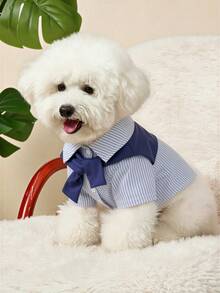 Striped Shirt With Detachable Solid Color Scarf For Cats And Dogs, Suitable For Daily Wear - Blue - View 1