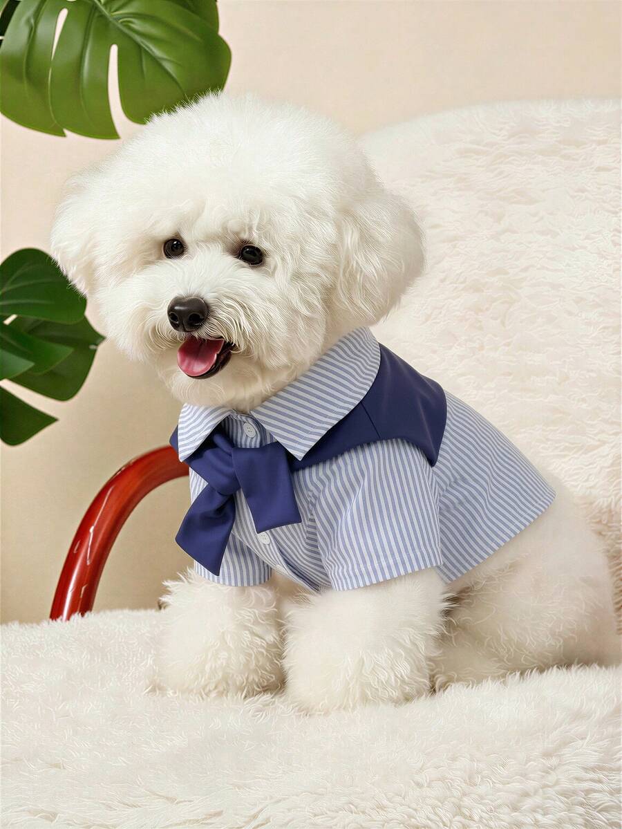 Striped Shirt With Detachable Solid Color Scarf For Cats And Dogs, Suitable For Daily Wear - Blue - View 1