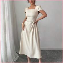 Vestido camisero de mujer de unicolor elegante con cuello redondo, cintura ceñida, manga abullonada y largo midi para el trabajo, vacaciones y té de la tarde, primavera/verano - Azul marino - Ver 5