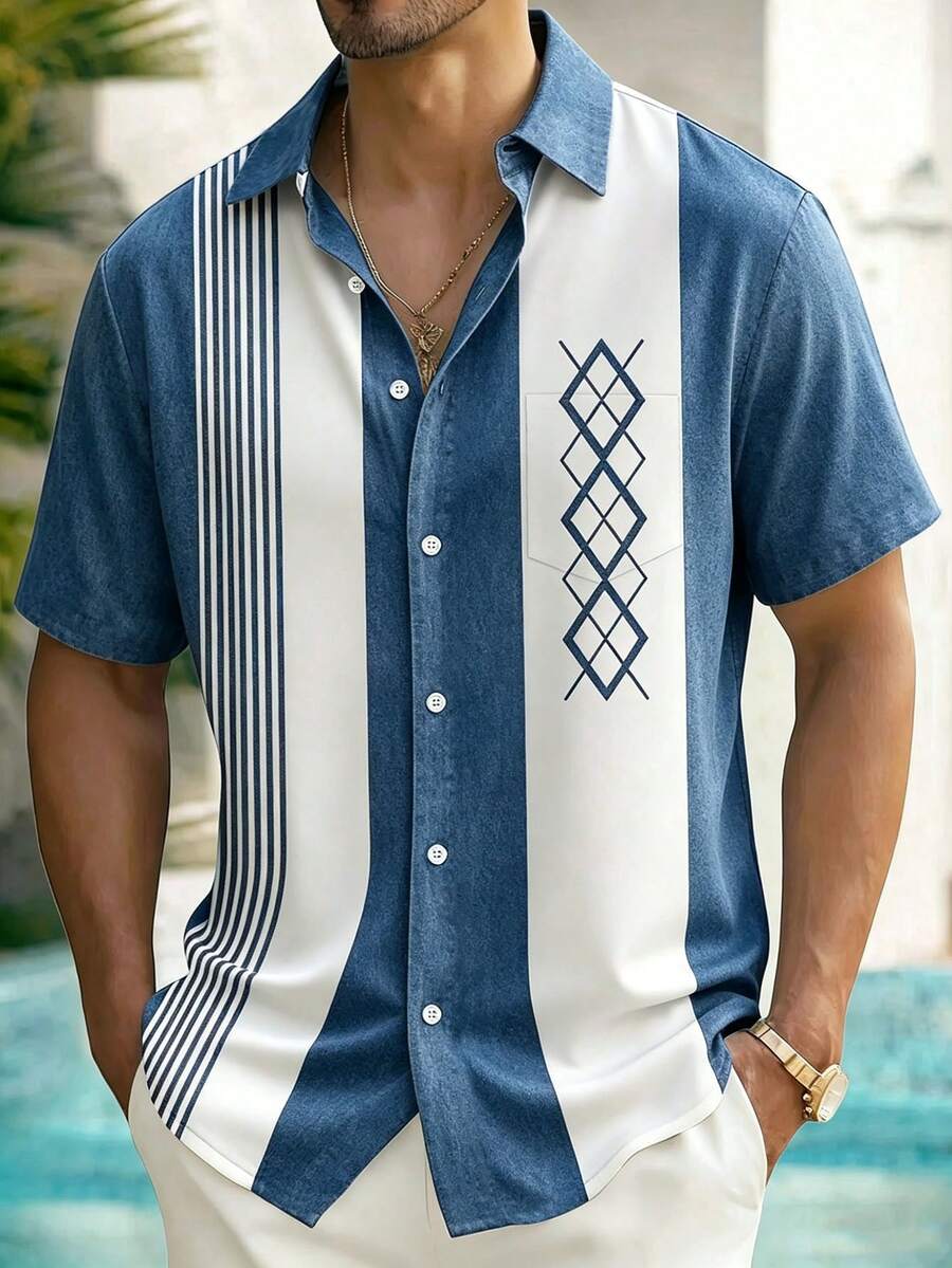 Vintage Bowling Stripe Geometric Print Men's Button Pocket Shirt