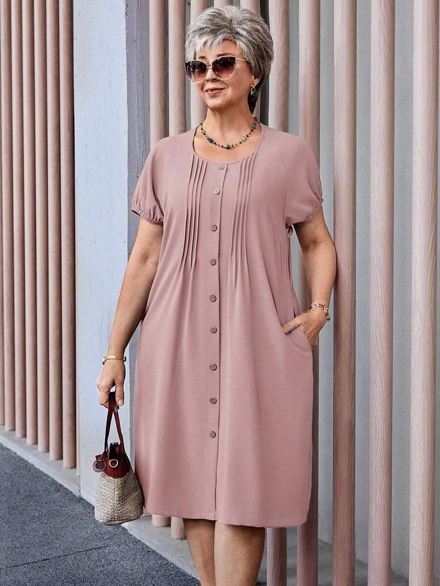 EMERY Vestido informal de talla de unicolor con botones delanteros, para el verano - Rosa - Ver 1