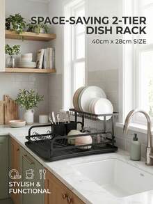 Double-Layer Dish Rack, Kitchen Countertop Organizer, Multi-Functional Cutlery Rack With Drip Tray And Chopstick Holder, Large Capacity Dish Rack, Essential For Home Kitchen Organization, Available In Black And White. - Black - View 1