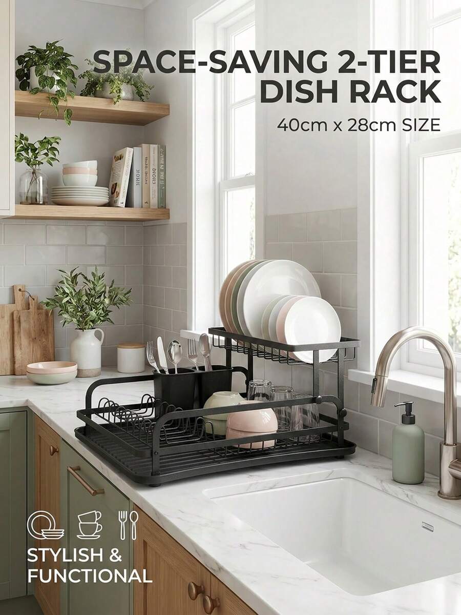 Double-Layer Dish Rack, Kitchen Countertop Organizer, Multi-Functional Cutlery Rack With Drip Tray And Chopstick Holder, Large Capacity Dish Rack, Essential For Home Kitchen Organization, Available In Black And White. - Black - View 1