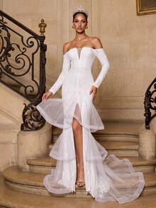 Elegant Romantic Women's White Off-The-Shoulder Deep V-Neck Sequin Long Sleeve High Slit Mesh Layered Hem Patchwork Party Evening Wedding Dress - White - View 1