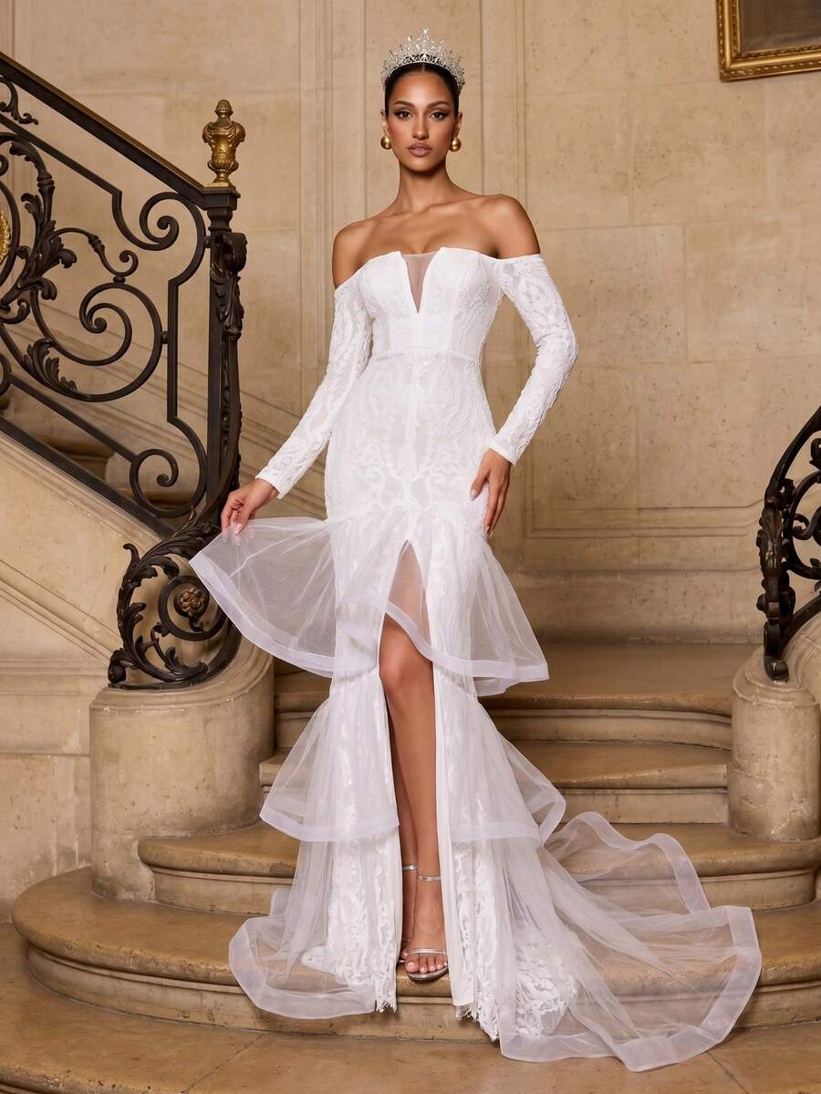 Elegant Romantic Women's White Off-The-Shoulder Deep V-Neck Sequin Long Sleeve High Slit Mesh Layered Hem Patchwork Party Evening Wedding Dress - White - View 1