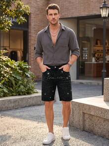 Men's Distressed Black & Grey Rhinestone Star Print Frayed Hem Denim Shorts, Shiny Knee Length Inseam - Black - View 7