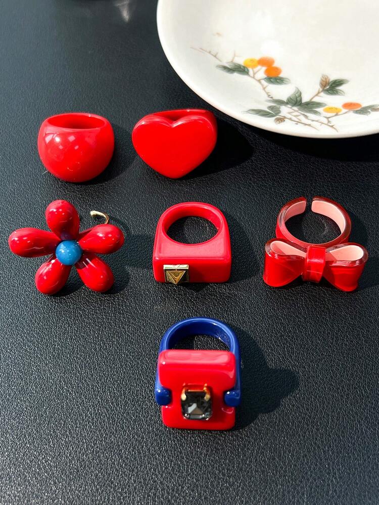6pcs Low-Key Cool Black Resin Rings, Casual Versatile Light Punk Style Accessories - Multicolor E - View 4