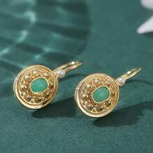 Vintage Copper Handmade Carved Earrings, Inlaid With Faux Turquoise, Women's Bohemian Style Ear Jewelry - Gold - View 4