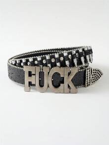 1 pieza Cinturón de cuero de unicolor para hombres con hebilla, letra y diamantes de imitación, estilo hip hop punk callejero - Hebilla con letra - Ver 19