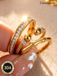 Camhanno 3pcs Elegant Exquisite Stainless Steel 18K Gold Plated Rings, Long-Term Wear Remains Shiny And New - Gold - View 3