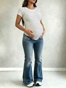 Parara Maternity V-Neck Striped Short Sleeve Ribbed Knit High Stretch T-Shirt Summer - Black and White - View 1