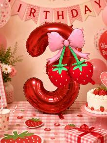 2pcs 40 Inch Red 0-9 Number + Bow Strawberry Foil Balloon Set, Suitable For Birthday Party, Baby Shower Decoration - Red Set - View 4