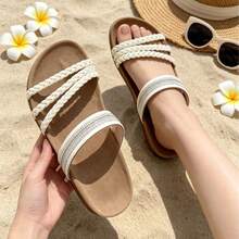 1 Pair Solid Color PU Leather Rhinestone Casual Beach Sandals, Holiday College Vacation Party Office Summer Women's Slippers - Beige - View 1