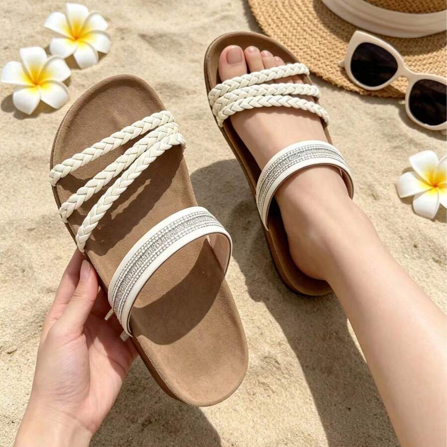 1 Pair Solid Color PU Leather Rhinestone Casual Beach Sandals, Holiday College Vacation Party Office Summer Women's Slippers - Beige - View 1