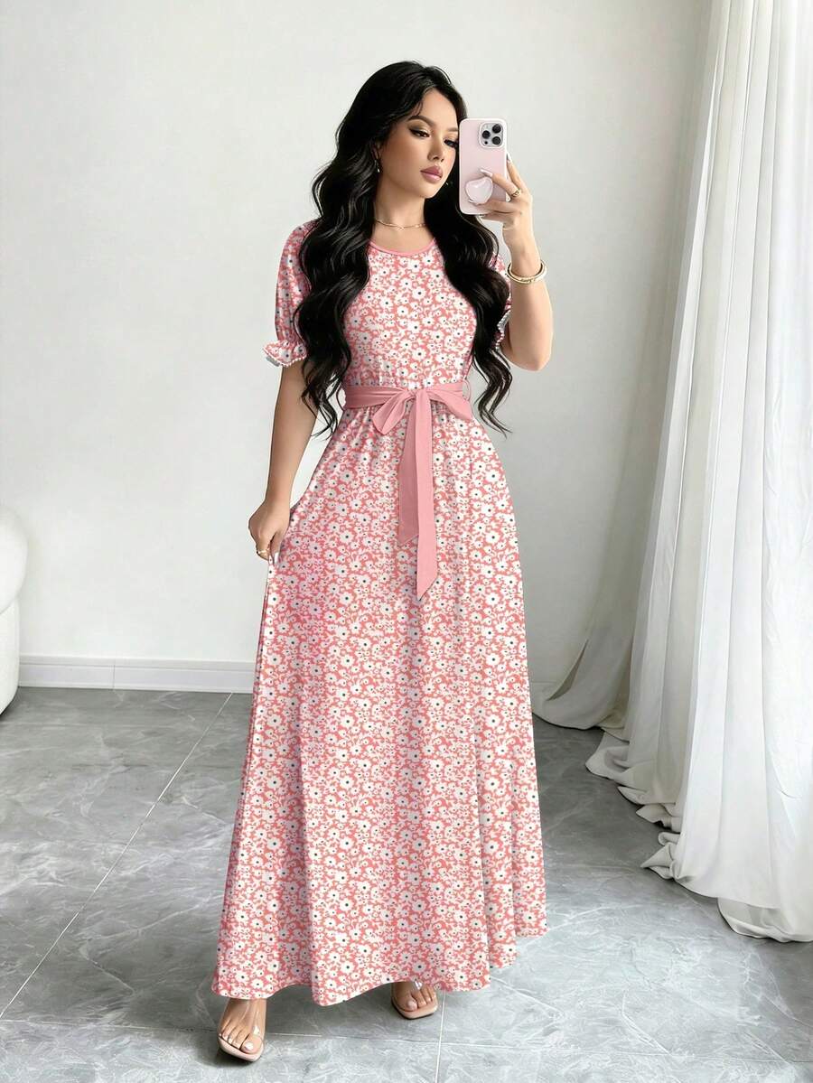 xheModelyn Vestido con estampado de rayas de flor de durazno, diseño de cuello redondo, manga corta abullonada y cinturón en la cintura para mujer, vestido midi elegante de veranoxhe - Multicolor 3 - Ver 1