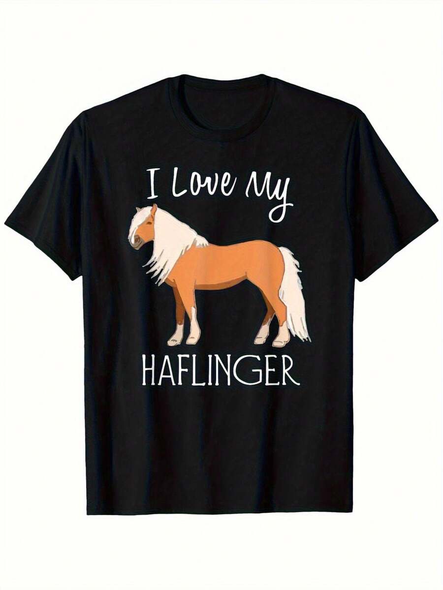 Men's Shirt With Haflinger Horse Motif "I Love My Haflinger Horse" - Black With White Haflinger Horse Print, Casual Short-Sleeve Round-Neck Shirt, Regular Fit For Horse Lovers, Equestrian Apparel - 黑色 - 查看 1