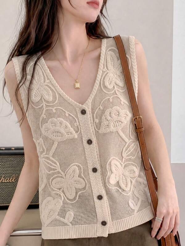 JIANHU Women's Summer Beach Knit Vest, Floral Embroidery V-Neck Sleeveless Hollow Out Vacation Top Casual