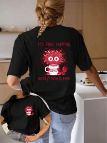 Camiseta de manga corta con estampado de doble cara con temática de café, estilo casual y cuello redondo, ropa de mujer. - Negro - Ver 1
