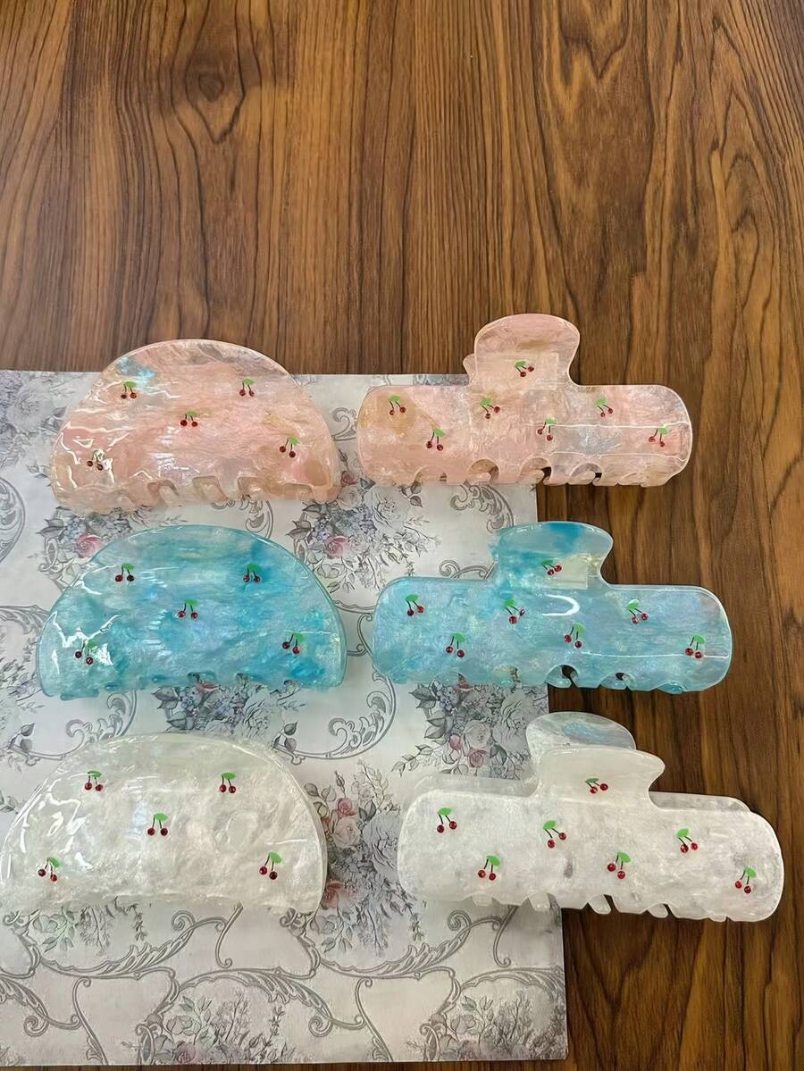 1件裝馬卡龍櫻桃印花髮夾套組,幻彩壓克力髮夾,強力抓握防滑,適合女性與女孩的夏季髮飾 - 彩色 - 查看 1
