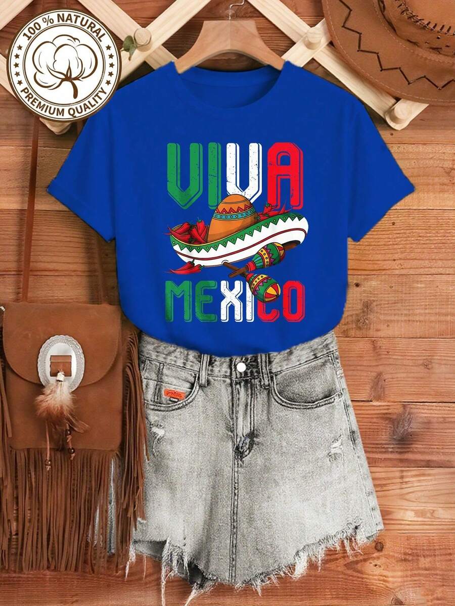 MYAZUL Women's Soft Cotton T-Shirt With Viva Mexico Fiesta Print, Cinco De Mayo Gift, Summer Clothes, Fashionable Women's Dresses, Casual, Perfect For All - 藍色的 - 查看 1