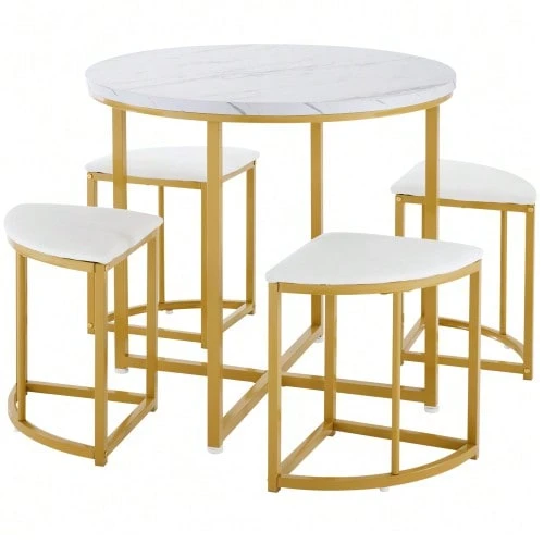 Dining Table And Chair Set, With MDF Tabletop And Gold Iron Frame, Velvet Chairs, Modern And Luxurious Style, White - Gold - View 1