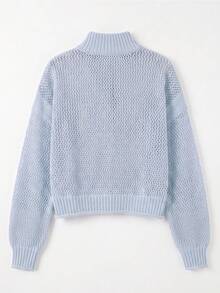 Women's Knit Sweater With Turn-Down Collar, Stand Collar, Multi-Wear Zipper, Minimalist Sporty Solid Color Hollow-Out Sheer Loose Casual Top For Spring, Autumn And Winter - Baby Blue - View 10