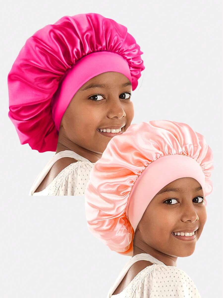 2pcs Printed Children's Elastic Ribbon Satin Round Hair Caps, Suitable For Daily Use - K-21 Rose Red/Blood Fang - View 1