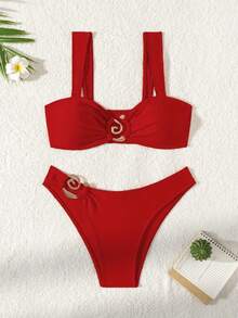 New 2026 Model: New Two-Piece Bikini With Metallic Accessory And Solid Color For Women, Beach Swimsuit With Opening - [紅色的] - 查看 3