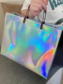Personalized Holographic Gift Bag, Customizable Name Text, Multi-Color Glitter, Personalized Valentine's Day Gift Packaging Bag, Available In Pink, Purple, Blue, Green, Teal, Suitable For Weddings, Birthdays, Parties, Durable Plastic Tote Bag With Name Tag - Multicolor - View 12