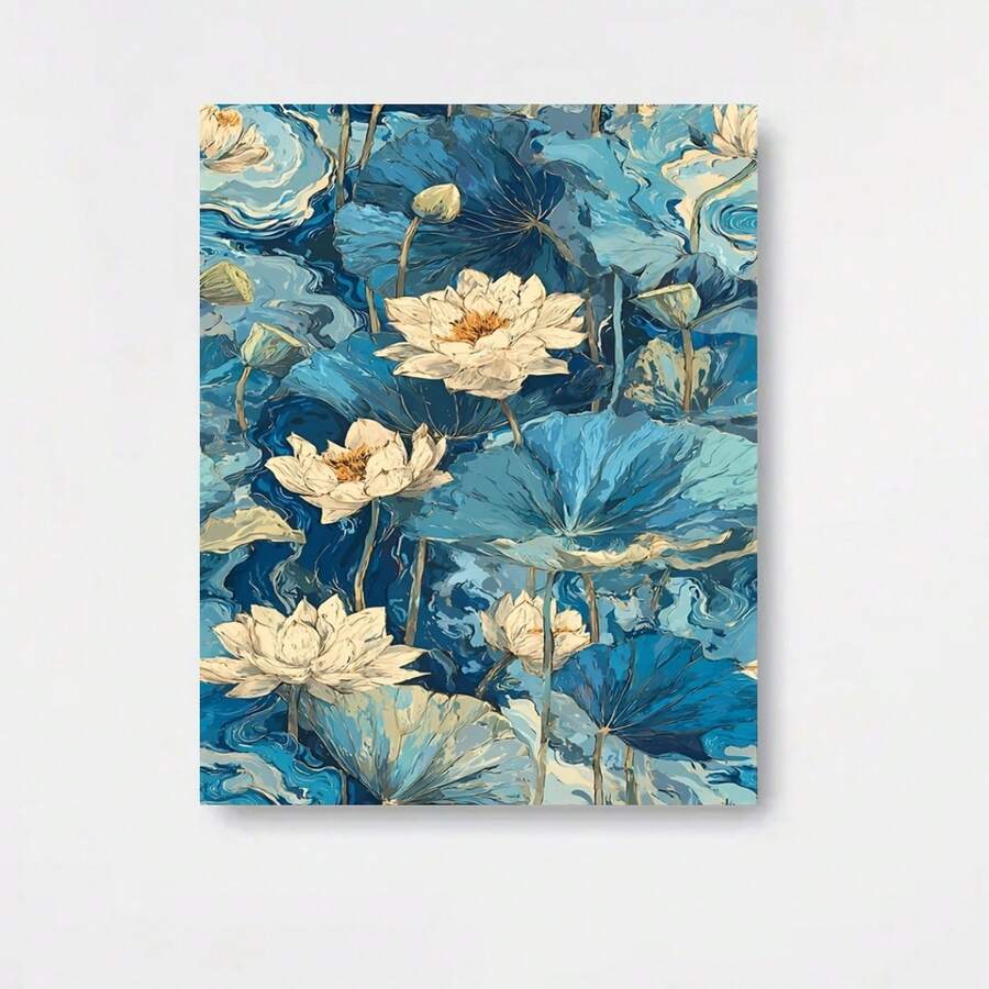 Lienzo 2D Plano, 2D Plano, 2D Plano 1 pieza Lienzo Arte de Pared Estanque de Loto Azul, Enmarcado y Listo para Colgar, Adecuado para Decoración de Habitación, Decoración de Oficina, Decoración del Hogar, Decoración de Arte de Pared, Decoración de Baño, Centro de Mesa Versátil para las Fiestas - Enmarcado - Ver 1