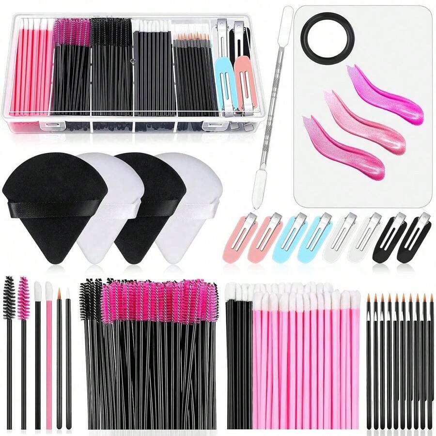 Disposable Makeup Application Tool Accessory Set, Makeup Artist Supplies Including Palette, Eye Black Stick, Lip Brush, Hair Clip, Triangular Powder Puff And Storage Box - Multicolor - View 1