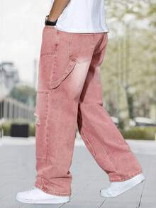 Men's Fashion Distressed Patch Embroidered Wide Leg Jeans - Pink - View 5