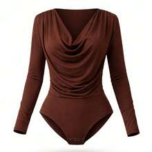 Women's Brown Draped Bodysuit, Elegant Long-Sleeved Blouse, Knit Fabric, Draped Style, Perfect For School, Evening, Holiday, Wedding, Vacation, Or Office. - 鏽棕色 - 查看 2