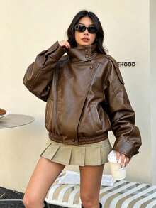 Chaqueta de cuero de mujer de estilo europeo minimalista, textura de litchi negro, nueva colección de otoño/invierno de Seelio - Marrón Mocha - Ver 1
