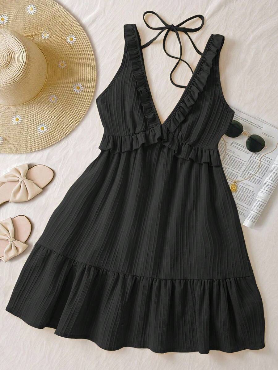 Women's Plain Yellow Dress With Ruffled Straps, Casual Holiday Style, For Summer - Black - View 1