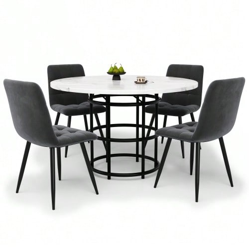 Dining Room Set (5 Pieces), Table And 4 Chairs, Kitchen Table Set, Round Table 100 Cm In Diameter, White MDF Top, Grey Velvet Dining Chairs