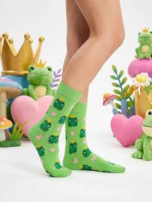 1 Pair Fashionable & Fun Mid-Calf Socks With Crown Frog Pattern, Unisex, Suitable For All Seasons - Multicolor - View 7