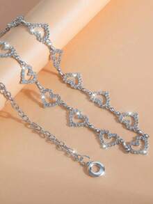 1pc Hollow Heart-Shaped Rhinestone Waist Chain, Shiny Adjustable Body Chain, Women's Dress Accessory - Silver - View 4