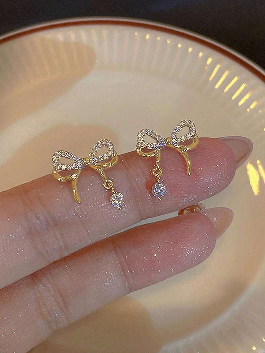 Rhinestone Bow Decor Earrings