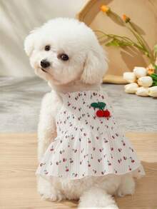 Cherry Print Suspender Dress, Breathable Pleated 3D Cherry Decor Cute Pet Clothes For Dogs & Cats, Summer - White - View 1