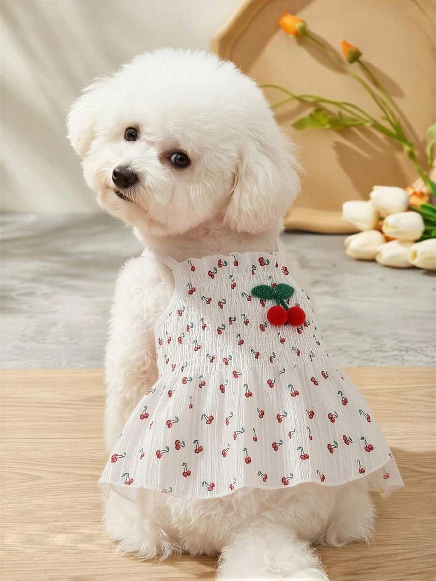 Cherry Print Suspender Dress, Breathable Pleated 3D Cherry Decor Cute Pet Clothes For Dogs & Cats, Summer - White - View 1
