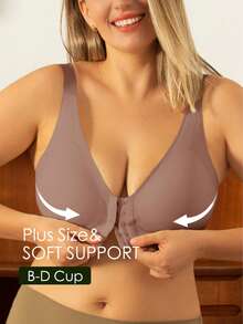 Plus Size Women's Seamless Front Closure Bra, Wireless Push Up Supportive Side Buckle Anti-Sagging Bra, Lift - Khaki - View 1