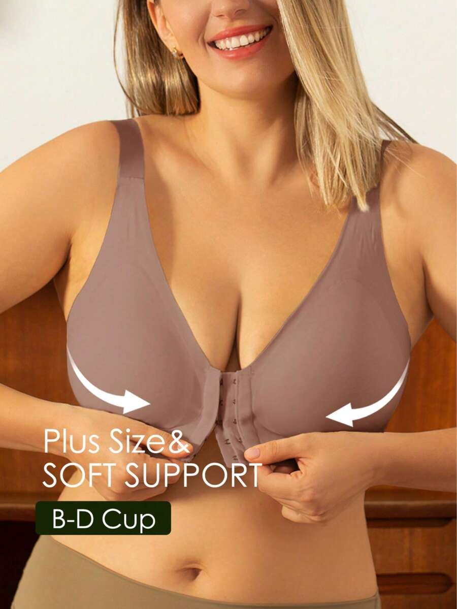 Plus Size Women's Seamless Front Closure Bra, Wireless Push Up Supportive Side Buckle Anti-Sagging Bra, Lift - Khaki - View 1