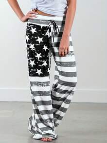 Nuevo modelo 2026:Pantalones con estampado de la bandera estadounidense y estilo casual de pierna ancha. - Albaricoque - Ver 6