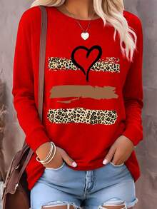 Camiseta de manga larga holgada y casual con cuello redondo y estampado de corazón y leopardo para mujer - Rojo - Ver 1