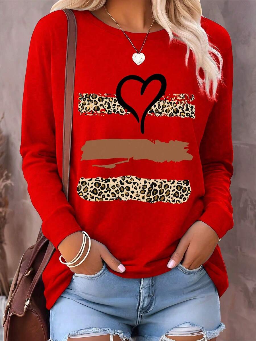 Camiseta de manga larga holgada y casual con cuello redondo y estampado de corazón y leopardo para mujer - Rojo - Ver 1