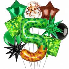 Pixel Miner Number Mylar Balloon, Green, 40 Inch Large, with Brown Pixel Cube Boxes, Video Game Theme Birthday Party Decorations - Globos-10 unidades-5 - Ver 1