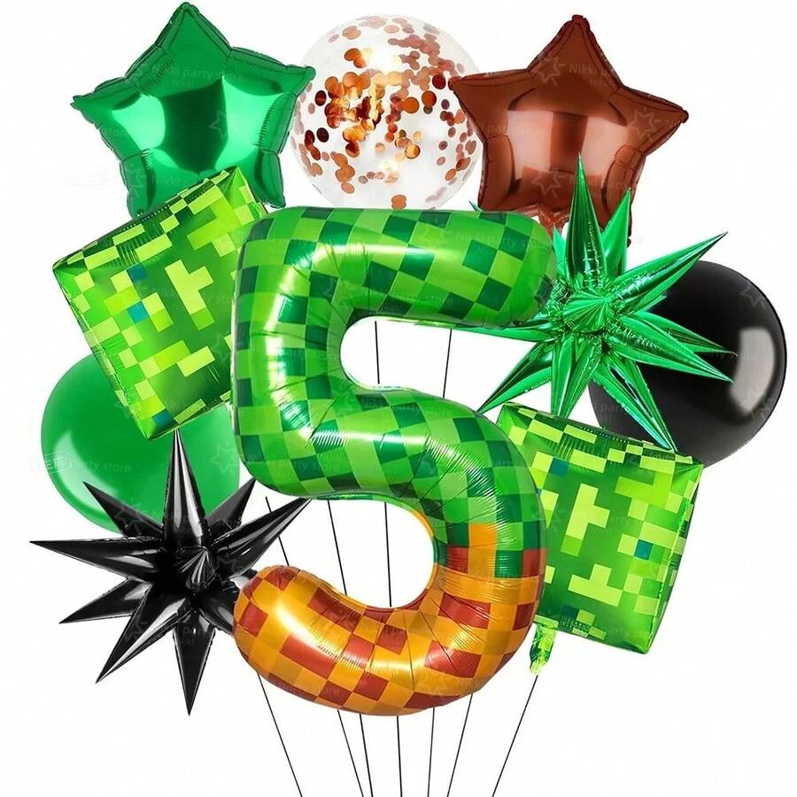 Pixel Miner Number Mylar Balloon, Green, 40 Inch Large, with Brown Pixel Cube Boxes, Video Game Theme Birthday Party Decorations - Globos-10 unidades-5 - Ver 1