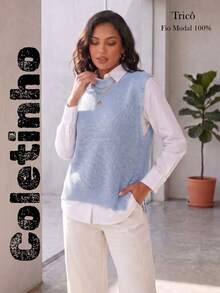 Women's Knitted Vest With Ribbed Crew Neck, Sleeveless, Casual And Elegant Knitwear For Autumn/Winter - 藍色 - 查看 1